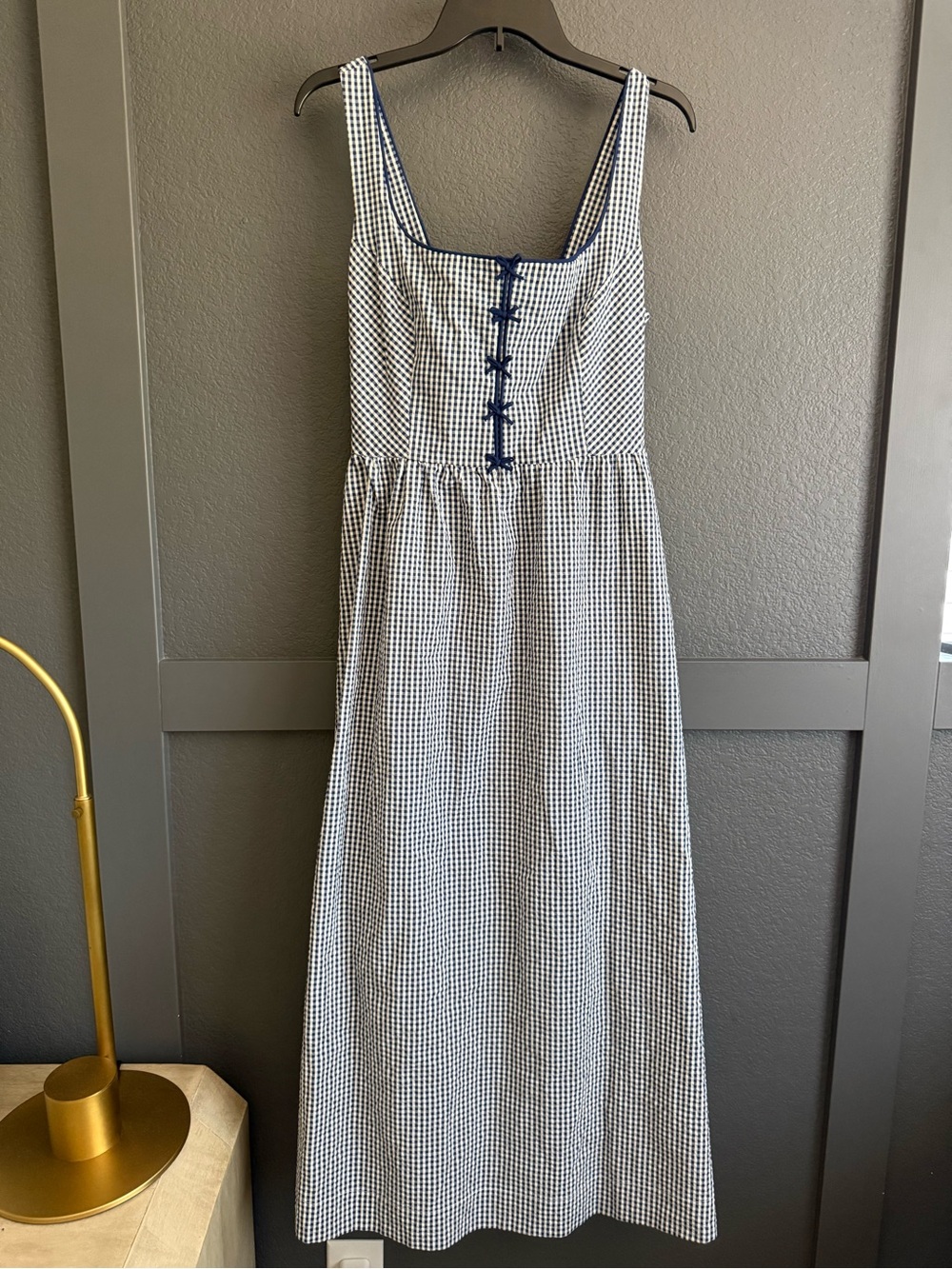 CAROLINE CONSTAS • Navy & White Gingham bows Square-Neck tank Midi Dress medium - Picture 2 of 7